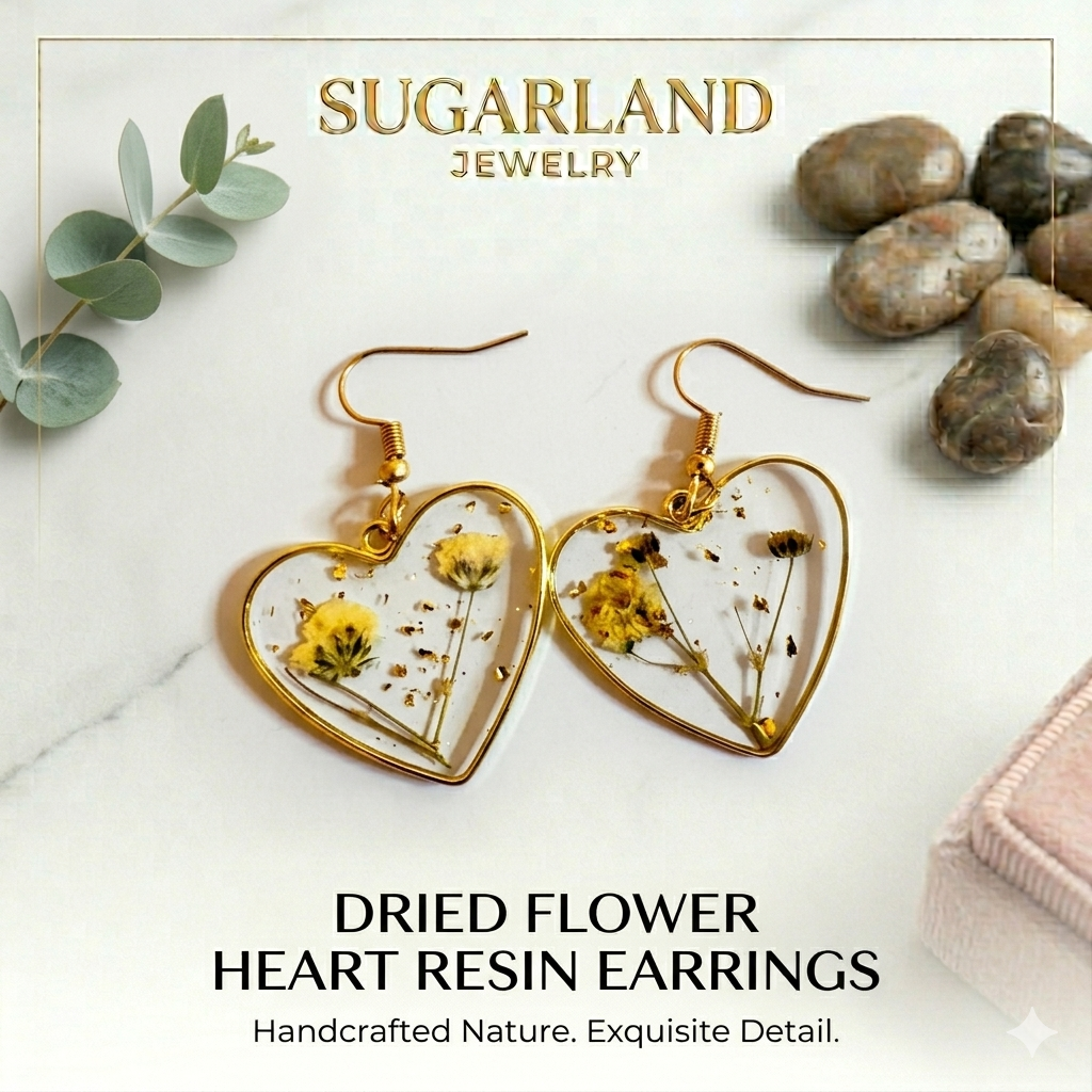 Dried Flower Heart Resin Earrings