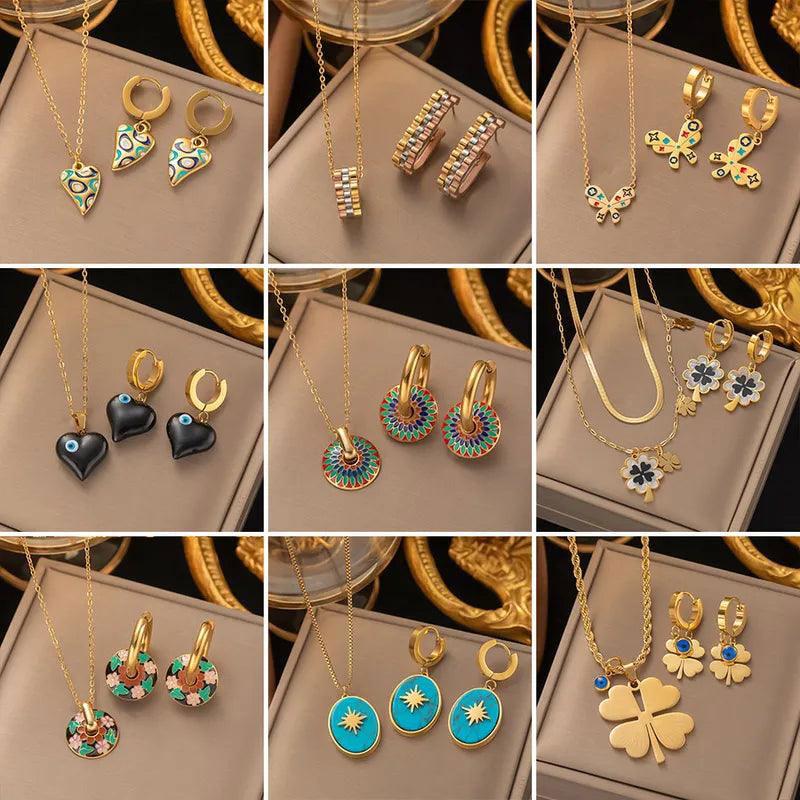 304 Stainless Steel 18K Gold Plated Retro Plating Flower Acrylic Artificial Rhinestones Resin Earrings Necklace - Jewelry Trends USA