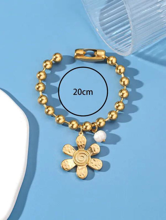 304 Stainless Steel 24K Gold Plated Sweet Classic Style Beaded Inlay Flower Pearl Bracelets - Jewelry Trends USA