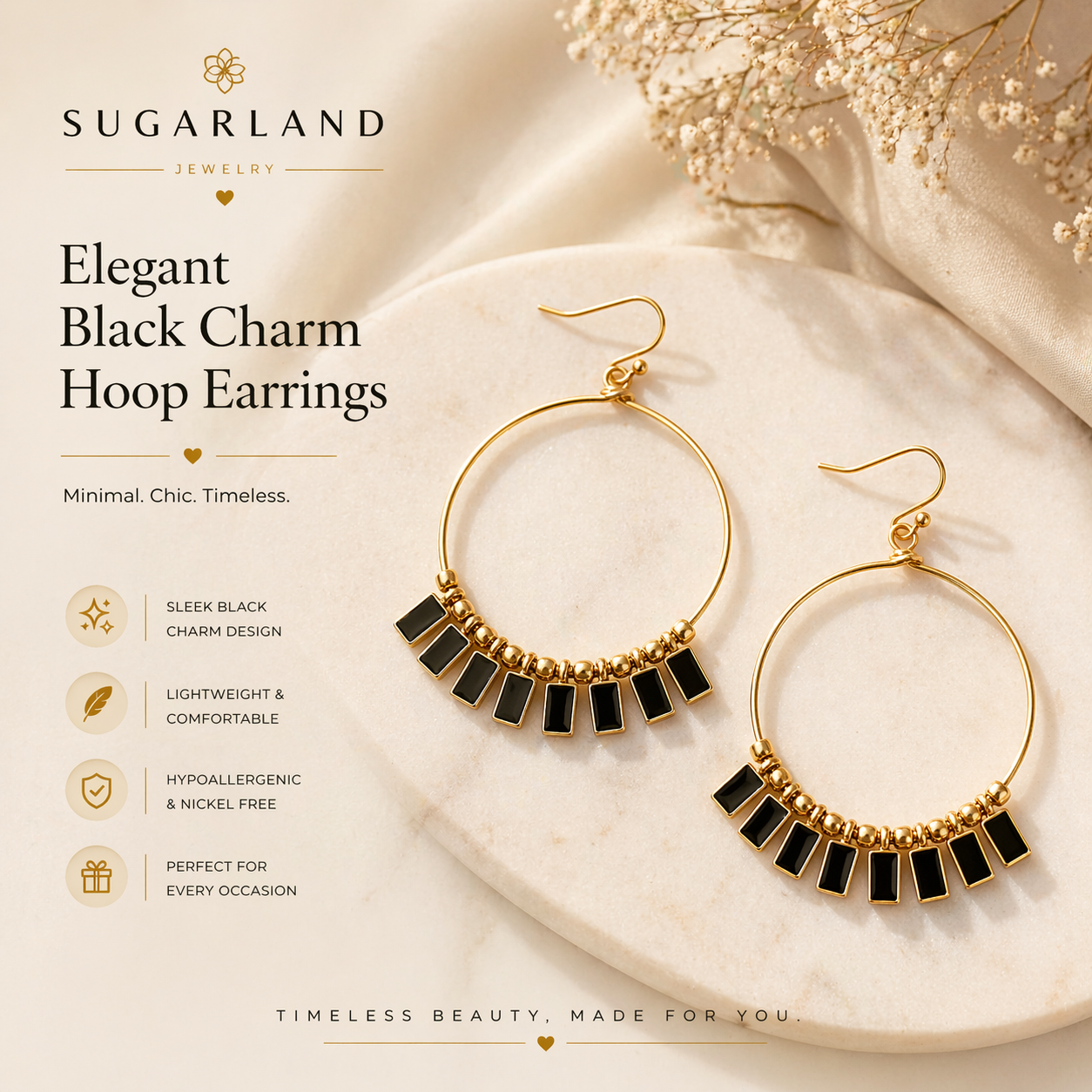 Elegant Black Charm Hoop Earrings