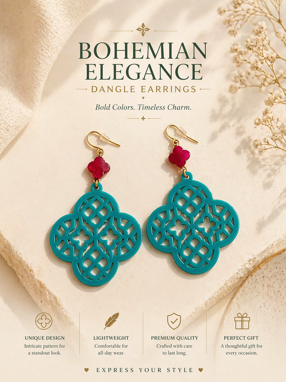 Bohemian Elegance Dangle Earrings – Turquoise & Crimson Statement Design