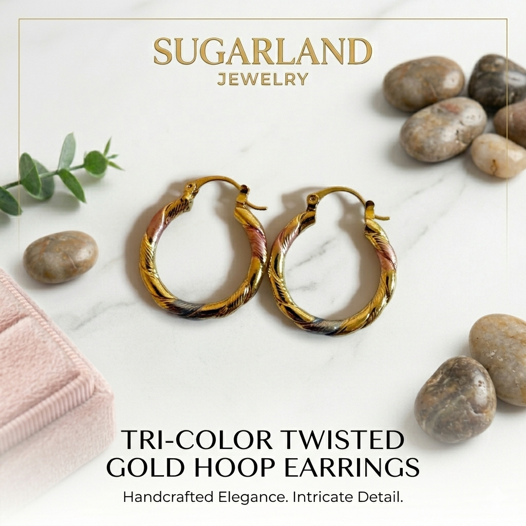 Tri-Color Twisted Gold Hoop Earrings