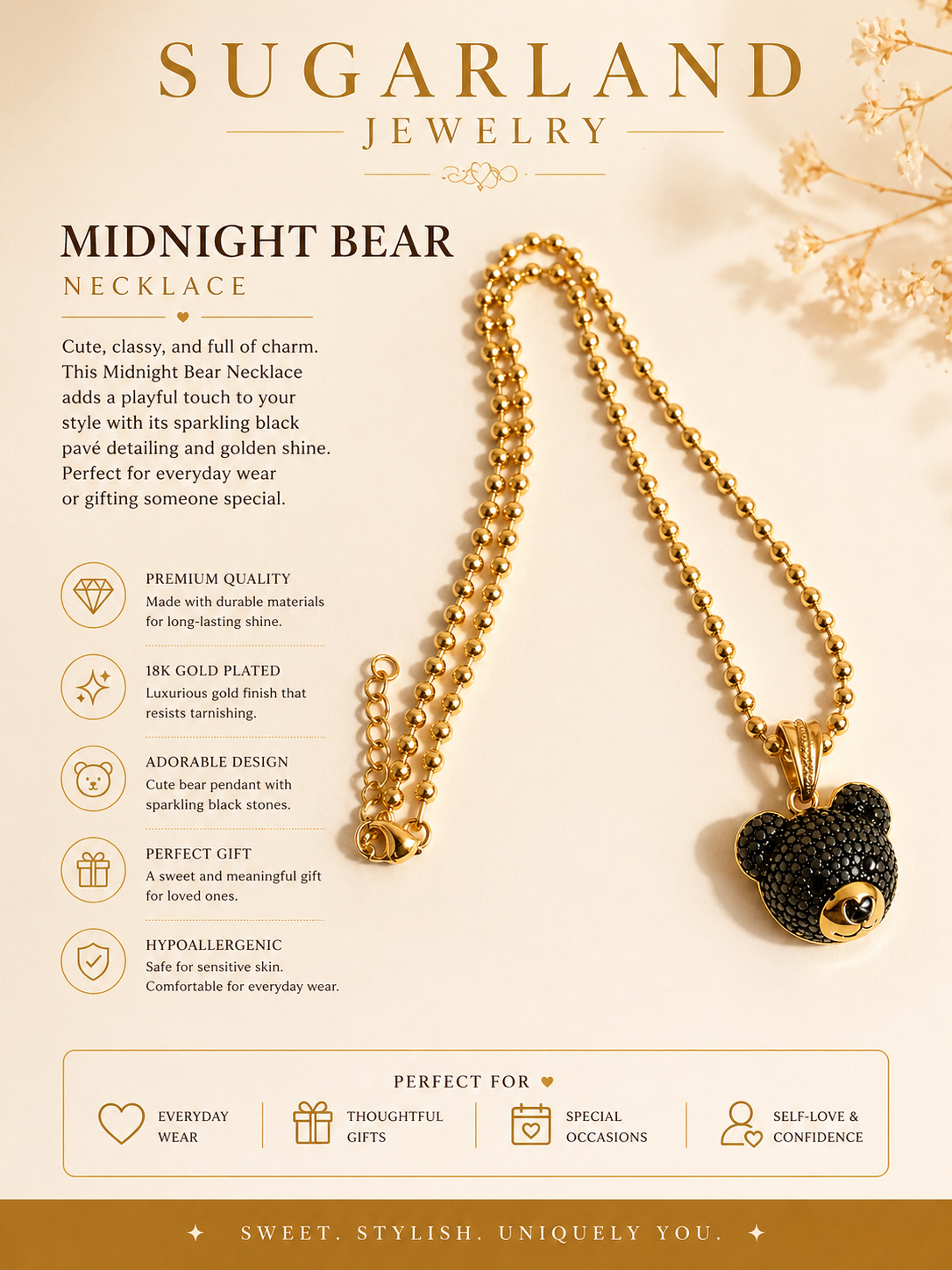 Midnight Bear Necklace – Gold & Black Pendant Chain