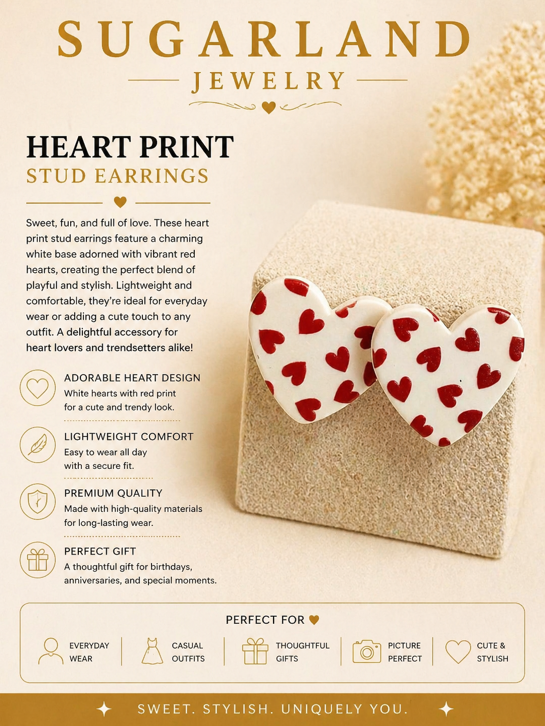 Sweetheart Pattern Stud Earrings – White & Red