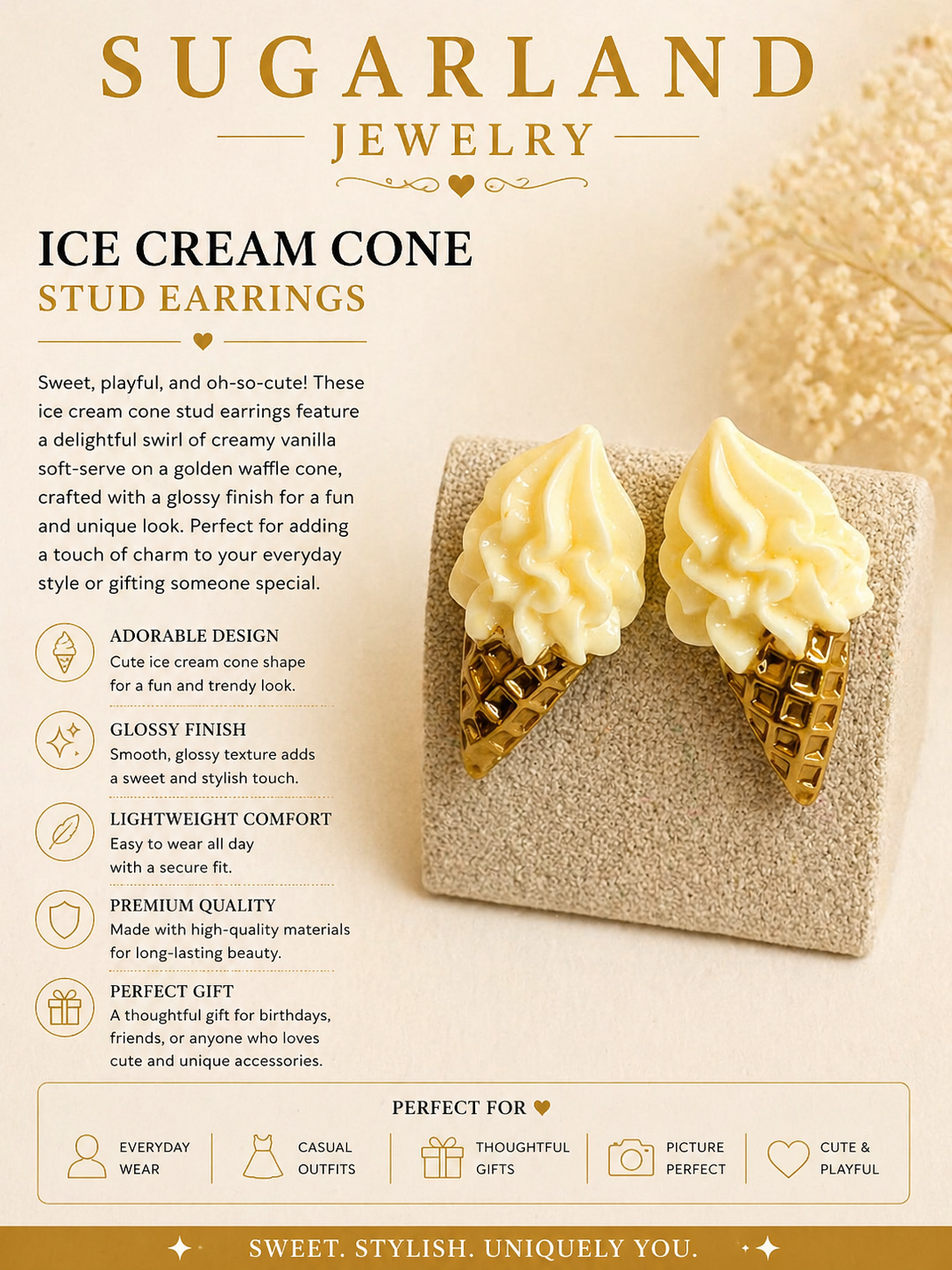 Cute Ice Cream Cone Stud Earrings – Cream Swirl Design