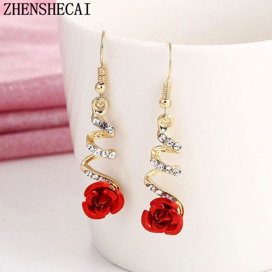 Fashion Jewelry Ethnic Red Rose Drop Earrings Big Rhinestone Earrings Vintage For Women Rose Gold Spiral Dangle Earring - Jewelry Trends USA