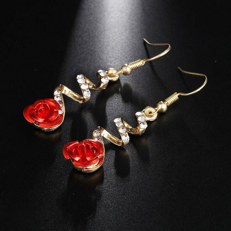 Fashion Jewelry Ethnic Red Rose Drop Earrings Big Rhinestone Earrings Vintage For Women Rose Gold Spiral Dangle Earring - Jewelry Trends USA