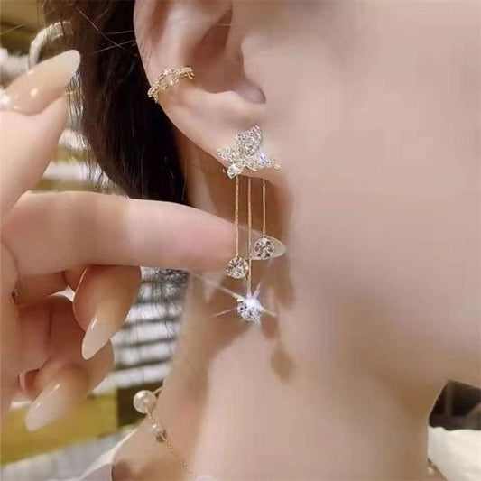 Fashion Jewelry Shiny Butterfly Rhinestone Drop Dangle Earrings Women Elegant Long Pearl Tassel Chain Pendant Party Jewelry - Jewelry Trends USA