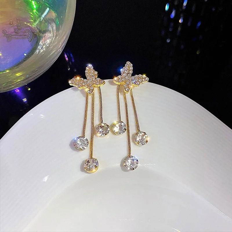 Fashion Jewelry Shiny Butterfly Rhinestone Drop Dangle Earrings Women Elegant Long Pearl Tassel Chain Pendant Party Jewelry - Jewelry Trends USA