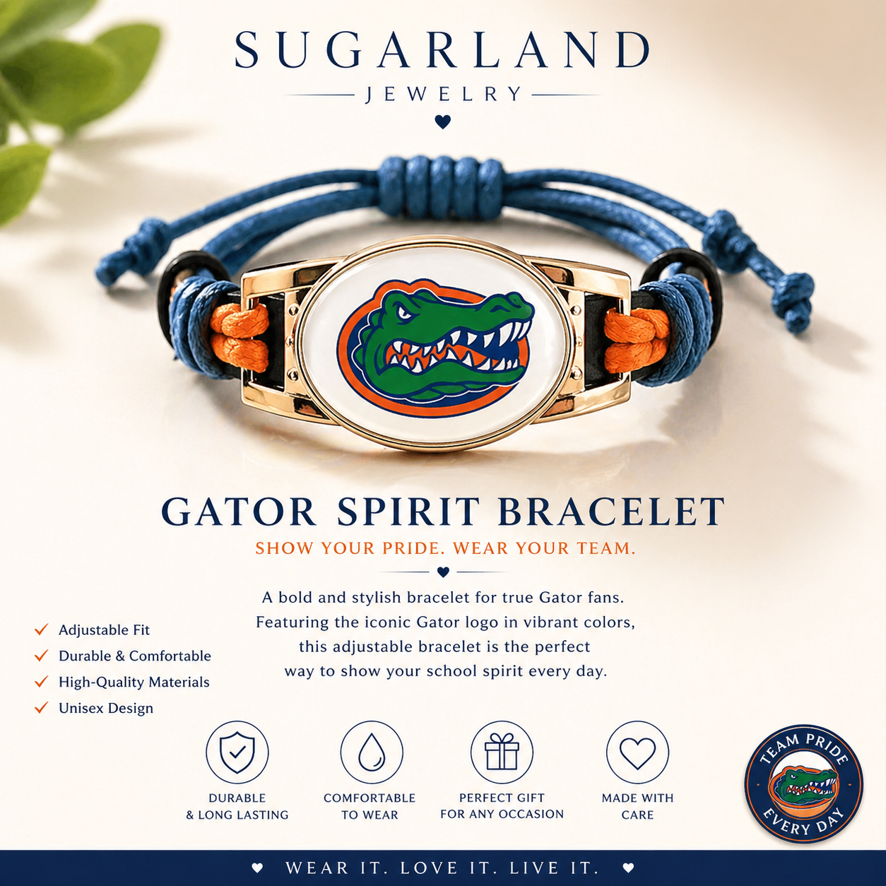 Sugarland Gator Logo Bracelet – Adjustable Sports Cord Bracelet