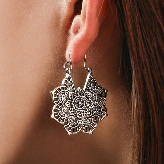 Vintage ethnic style metal openwork floral flower earrings - Jewelry Trends USA
