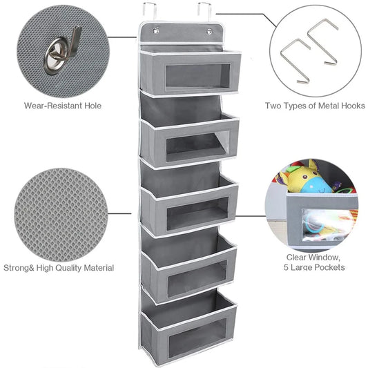 over the Door Pocket Organizer Fabric Hanging Closet Clear Window Storage Bag with Mental Hooks Gray for Pantry Baby Nursery Bathroom Closet Dorm, Gray