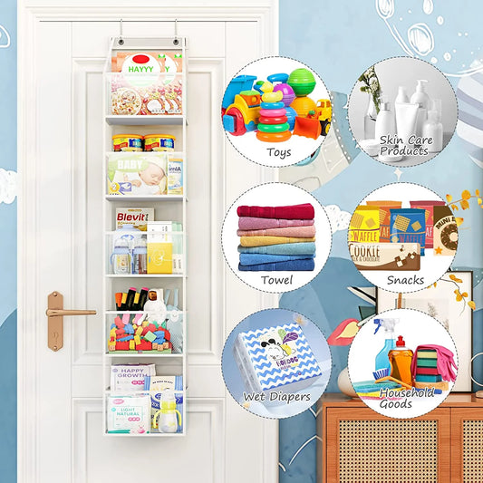 over the Door Hanging Pantry Organizer 6-Shelf behind the Door Storage Organizer with Clear Plastic Pockets Large Capacity for Closet Bedroom Bathroom (White)