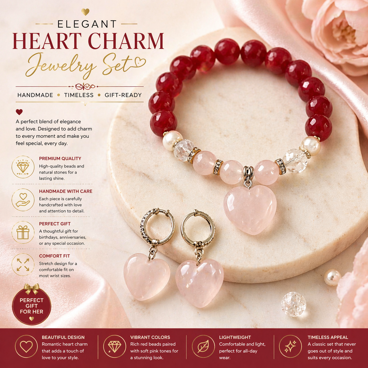 Elegant Heart Jewelry Set – Bracelet & Earrings
