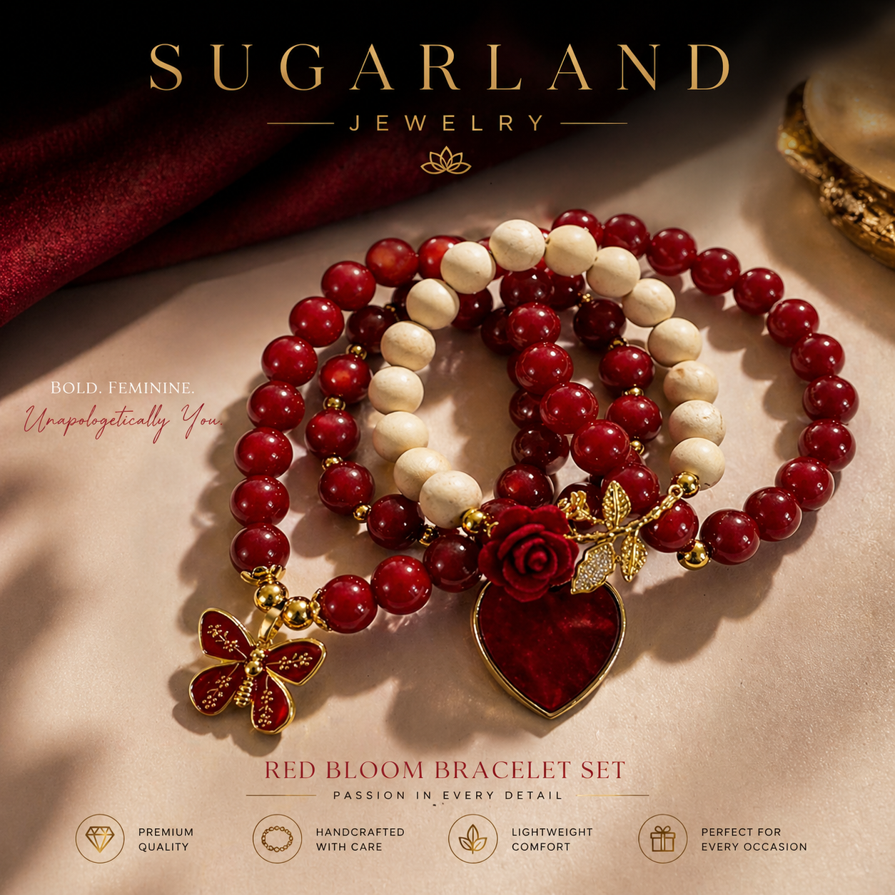 Red Bloom Statement Bracelet Set