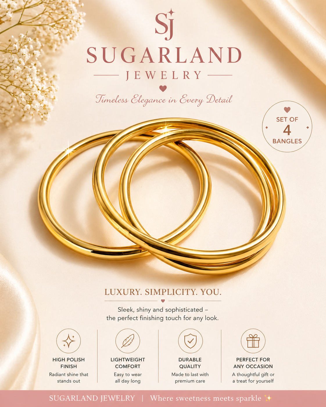 Luxury Minimal Gold Bangles Set (4 Pieces)