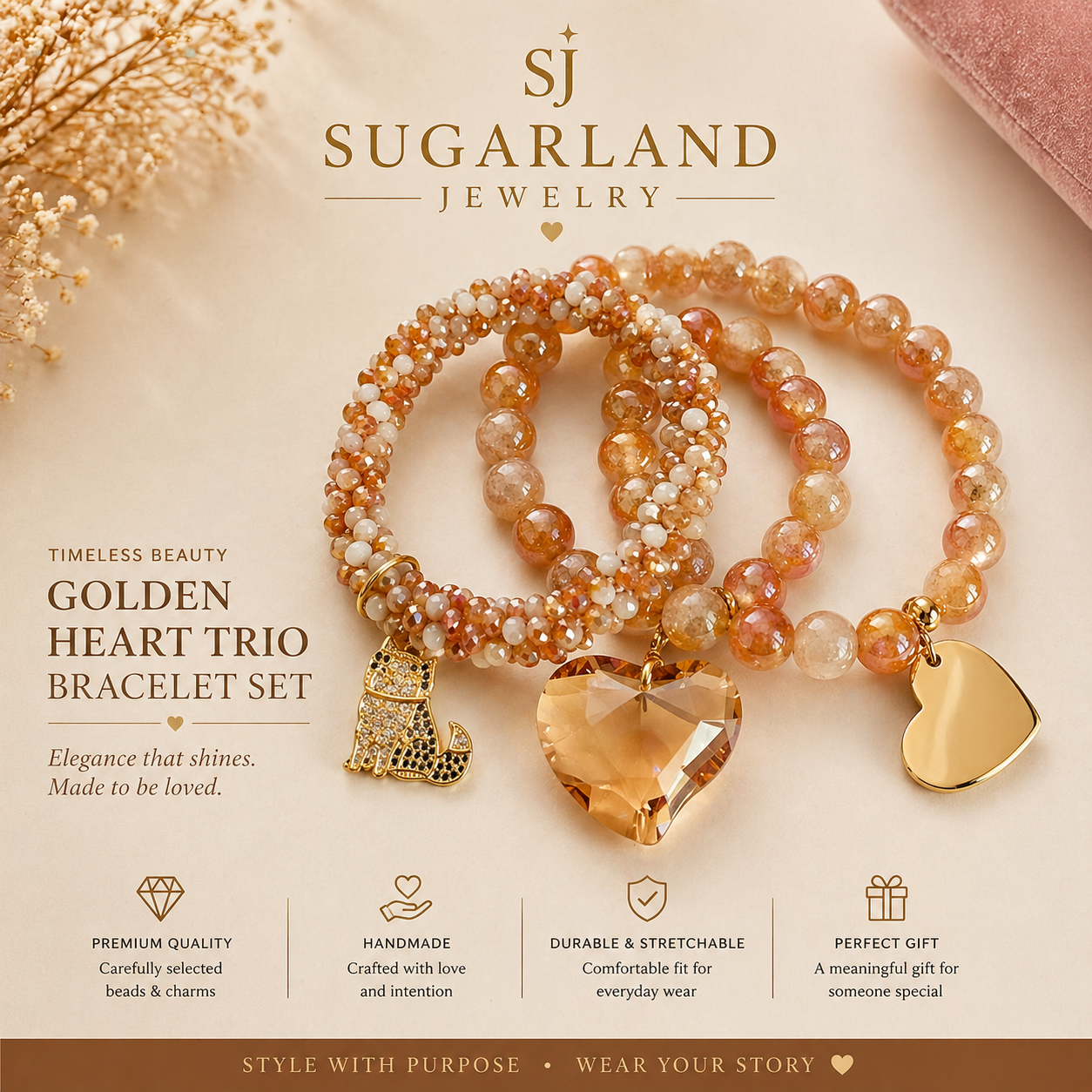 Golden Heart Trio Bracelet Set
