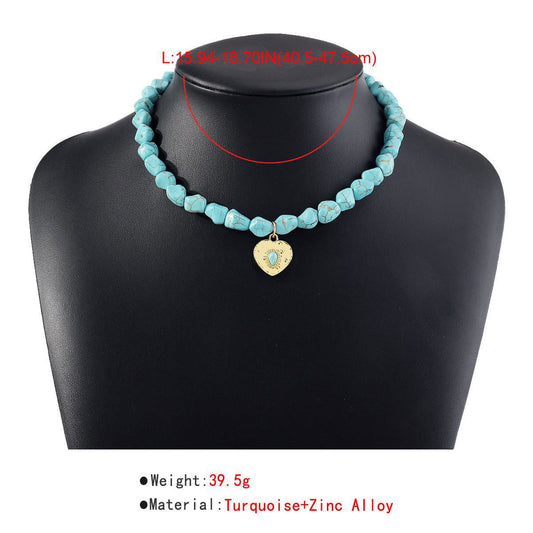 vacation bohemian sun devil's eye heart shape alloy turquoise beaded inlay turquoise pendant necklace - Jewelry Trends USA