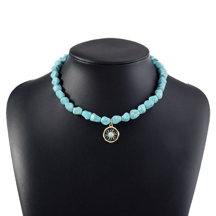 vacation bohemian sun devil's eye heart shape alloy turquoise beaded inlay turquoise pendant necklace - Jewelry Trends USA