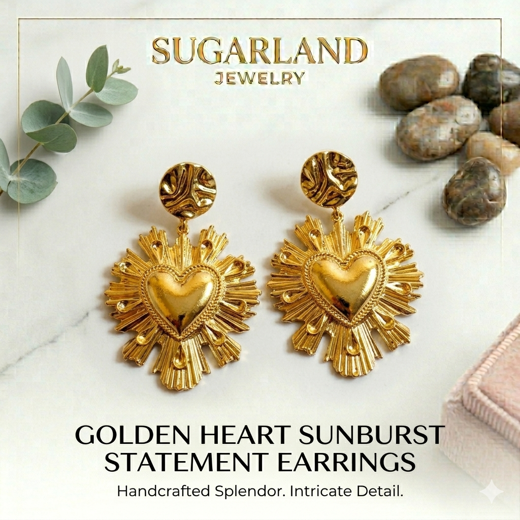 Golden Heart Sunburst Statement Earrings