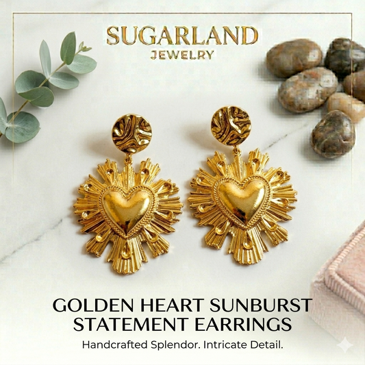 Golden Heart Sunburst Statement Earrings
