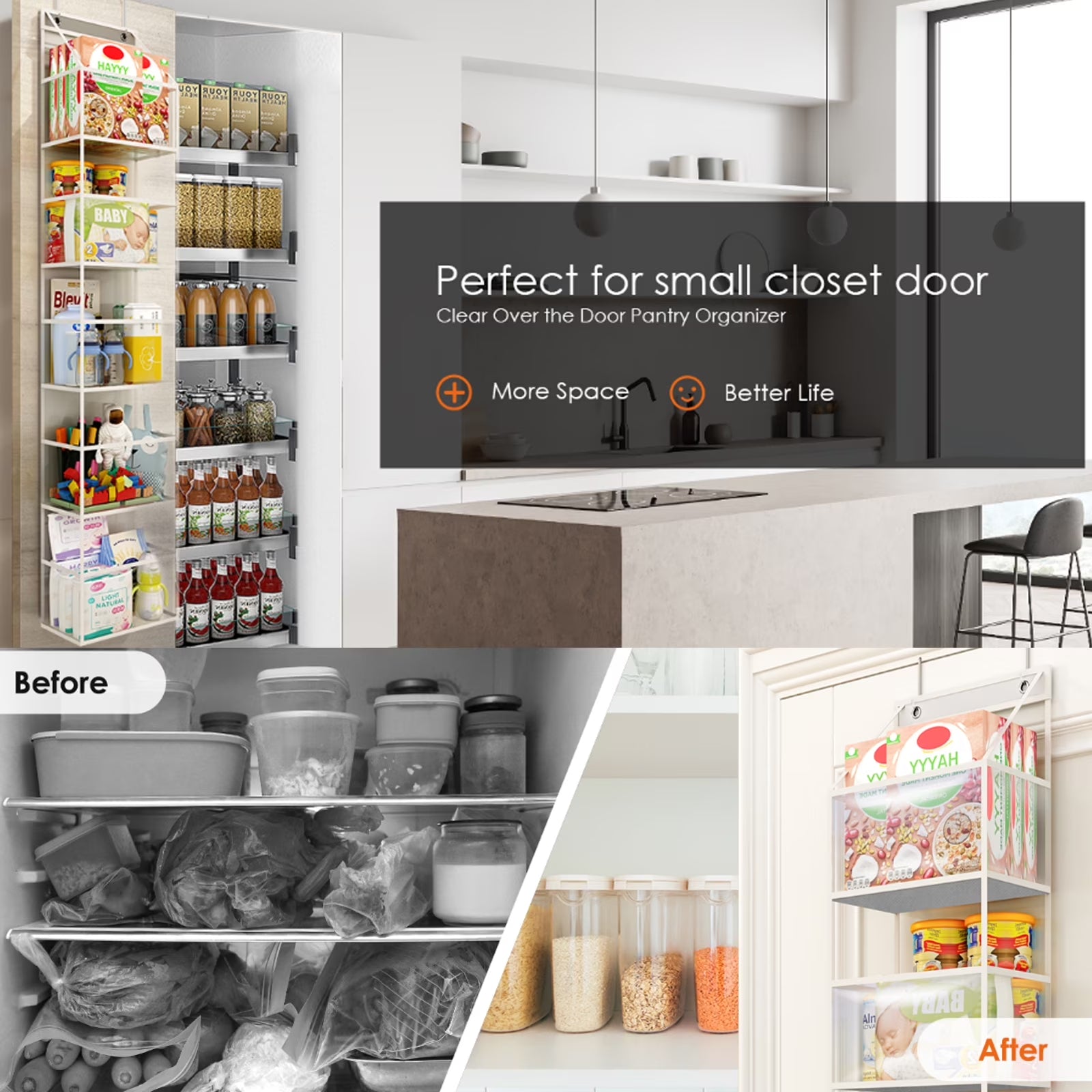 over the Door Hanging Pantry Organizer 6-Shelf behind the Door Storage Organizer with Clear Plastic Pockets Large Capacity for Closet Bedroom Bathroom (White)