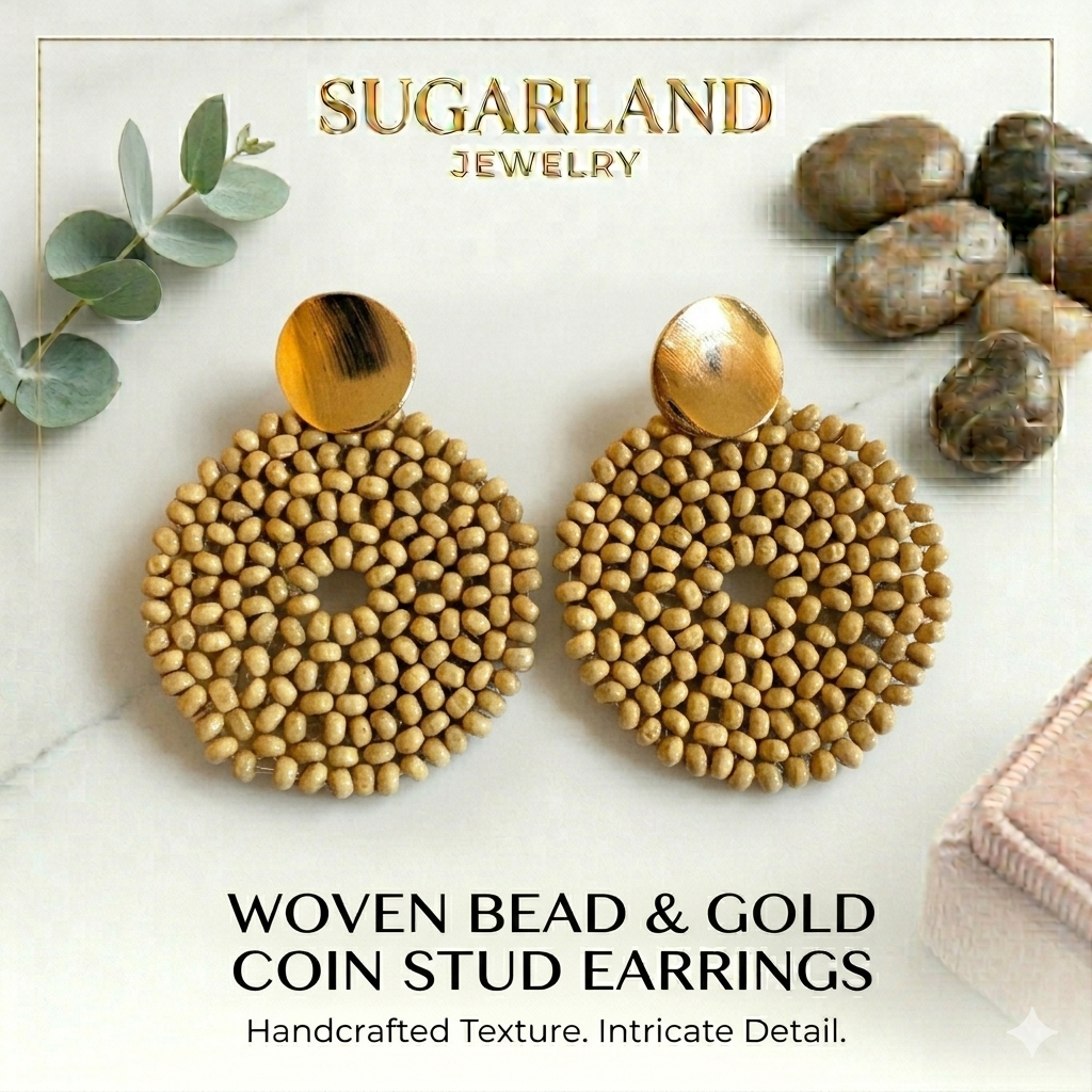 Woven Bead & Gold Coin Stud Earrings
