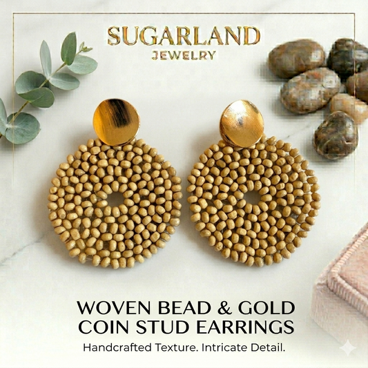 Woven Bead & Gold Coin Stud Earrings