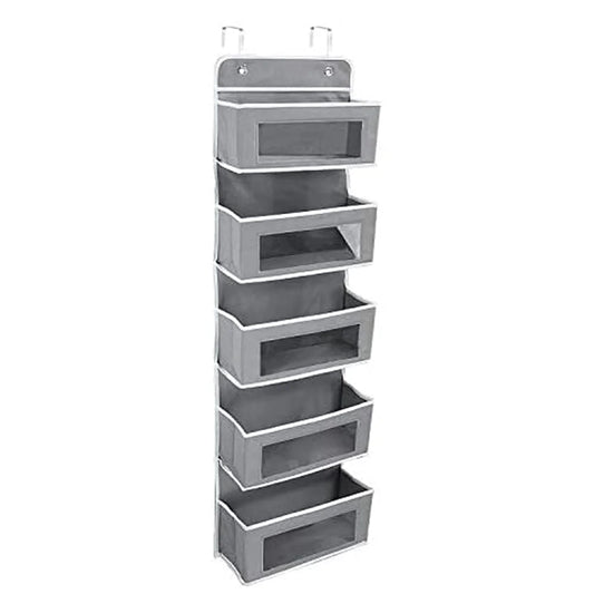over the Door Pocket Organizer Fabric Hanging Closet Clear Window Storage Bag with Mental Hooks Gray for Pantry Baby Nursery Bathroom Closet Dorm, Gray