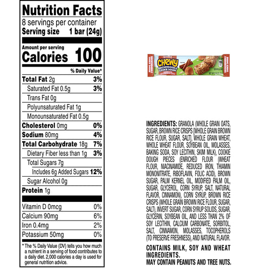 Chewy Granola Bars, Snickerdoodle, 0.84 Oz, 8 Count