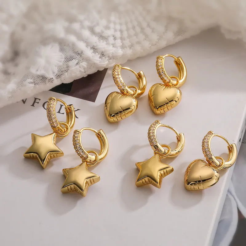 1 Pair Simple Style Commute Star Heart Shape Plating Inlay Copper Zircon 18k Gold Plated Drop Earrings - Jewelry Trends USA