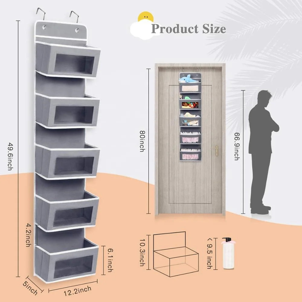 over the Door Pocket Organizer Fabric Hanging Closet Clear Window Storage Bag with Mental Hooks Gray for Pantry Baby Nursery Bathroom Closet Dorm, Gray