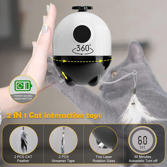 Cat Toys Interactive - 2 in 1 Laser and Cat Feather Toys Kitten Toys, Automatic Cat Toys for Indoor Cats Play Chase Exercise, with 2 Pcs Feather and Streamer Tape Replacements