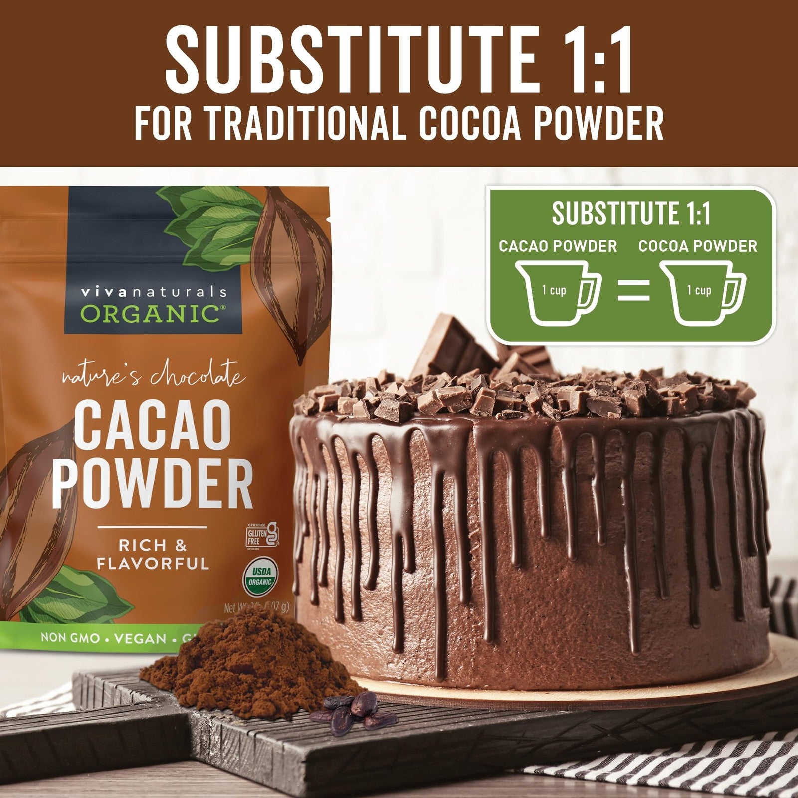 Viva Naturals Organic Cacao Powder, 2Lb - Unsweetened Cocoa Powder Wit