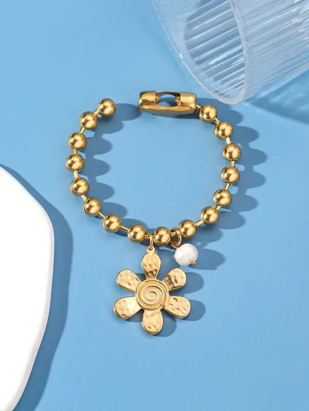 304 Stainless Steel 24K Gold Plated Sweet Classic Style Beaded Inlay Flower Pearl Bracelets - Jewelry Trends USA