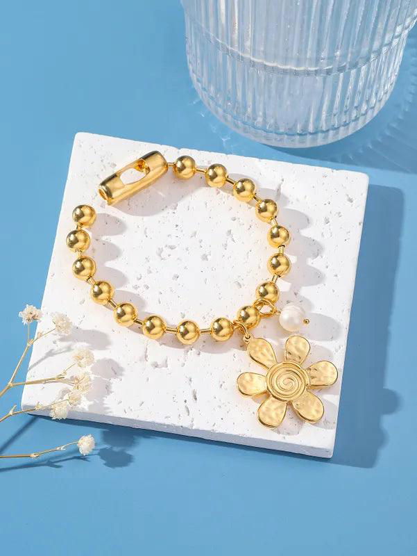 304 Stainless Steel 24K Gold Plated Sweet Classic Style Beaded Inlay Flower Pearl Bracelets - Jewelry Trends USA