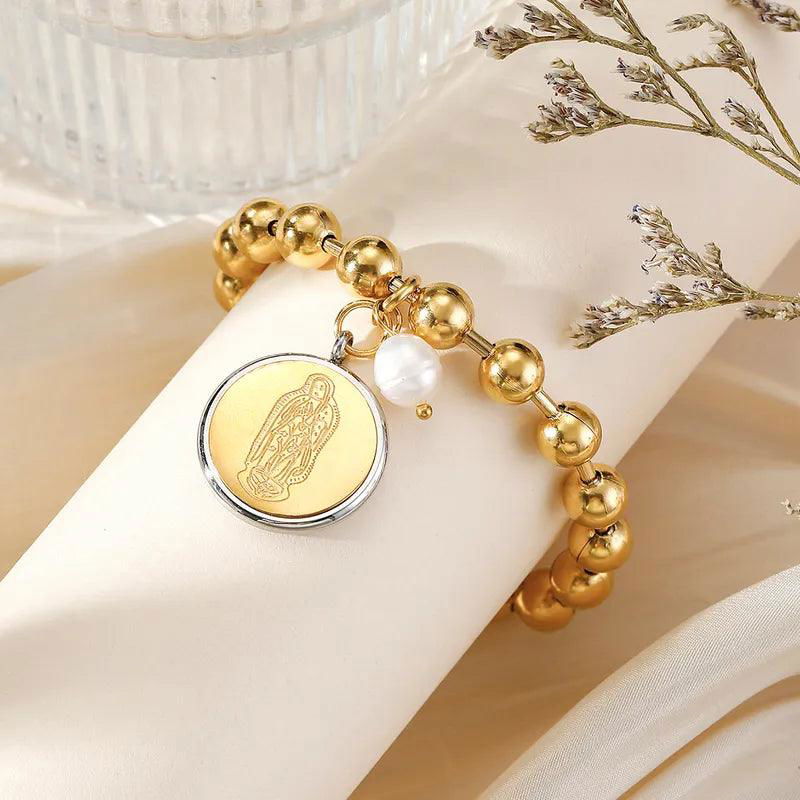 304 Stainless Steel 24K Gold Plated Sweet Classic Style Beaded Inlay Flower Pearl Bracelets - Jewelry Trends USA