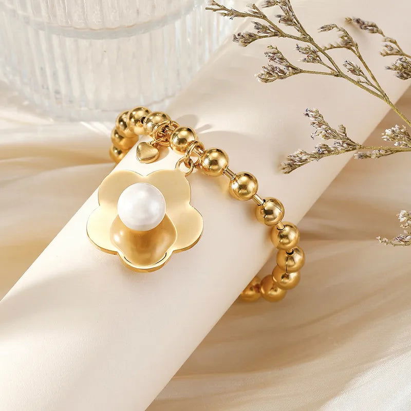 304 Stainless Steel 24K Gold Plated Sweet Classic Style Beaded Inlay Flower Pearl Bracelets - Jewelry Trends USA