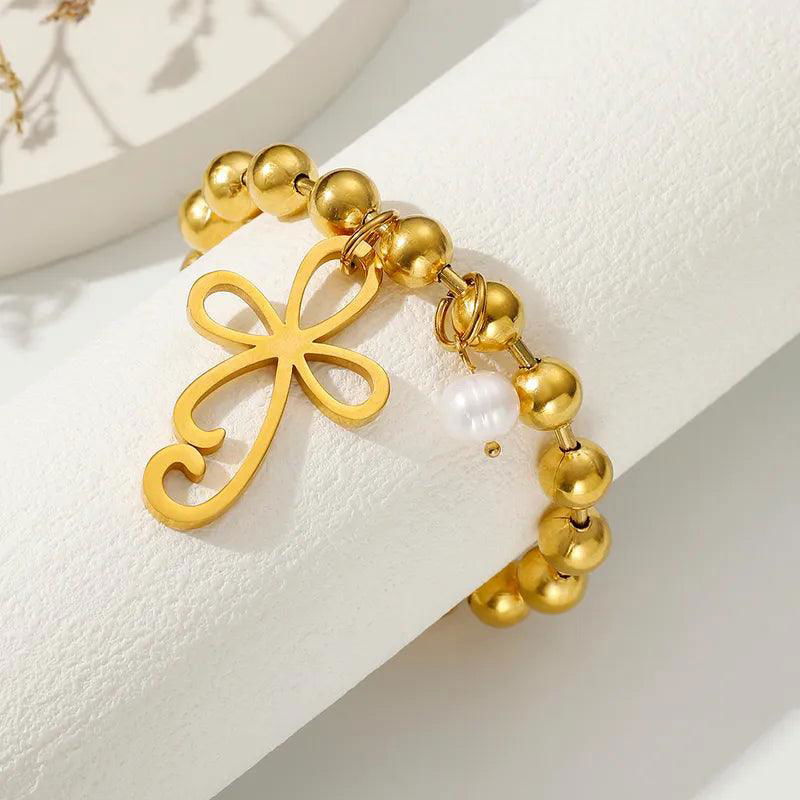304 Stainless Steel 24K Gold Plated Sweet Classic Style Beaded Inlay Flower Pearl Bracelets - Jewelry Trends USA