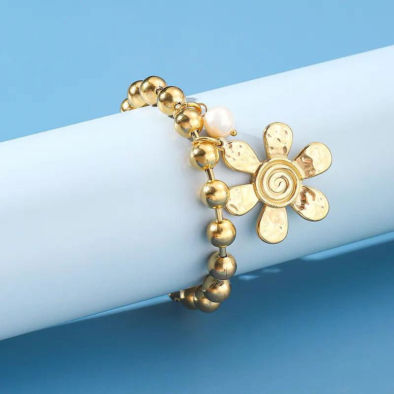 304 Stainless Steel 24K Gold Plated Sweet Classic Style Beaded Inlay Flower Pearl Bracelets - Jewelry Trends USA