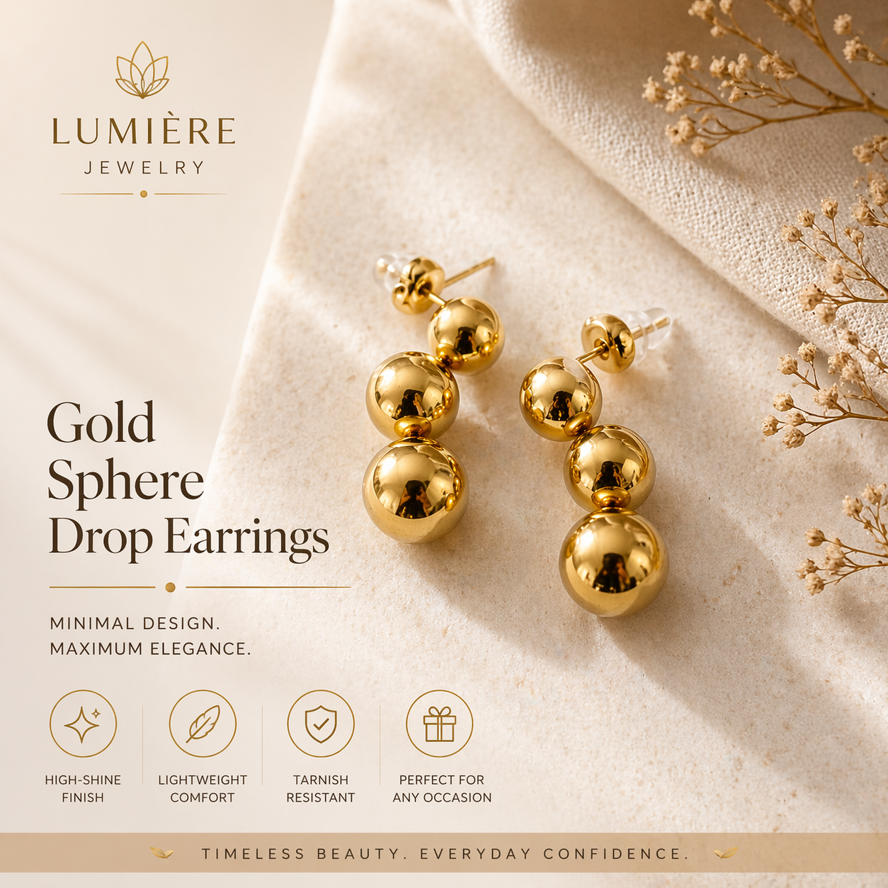 Gold Sphere Drop Earrings