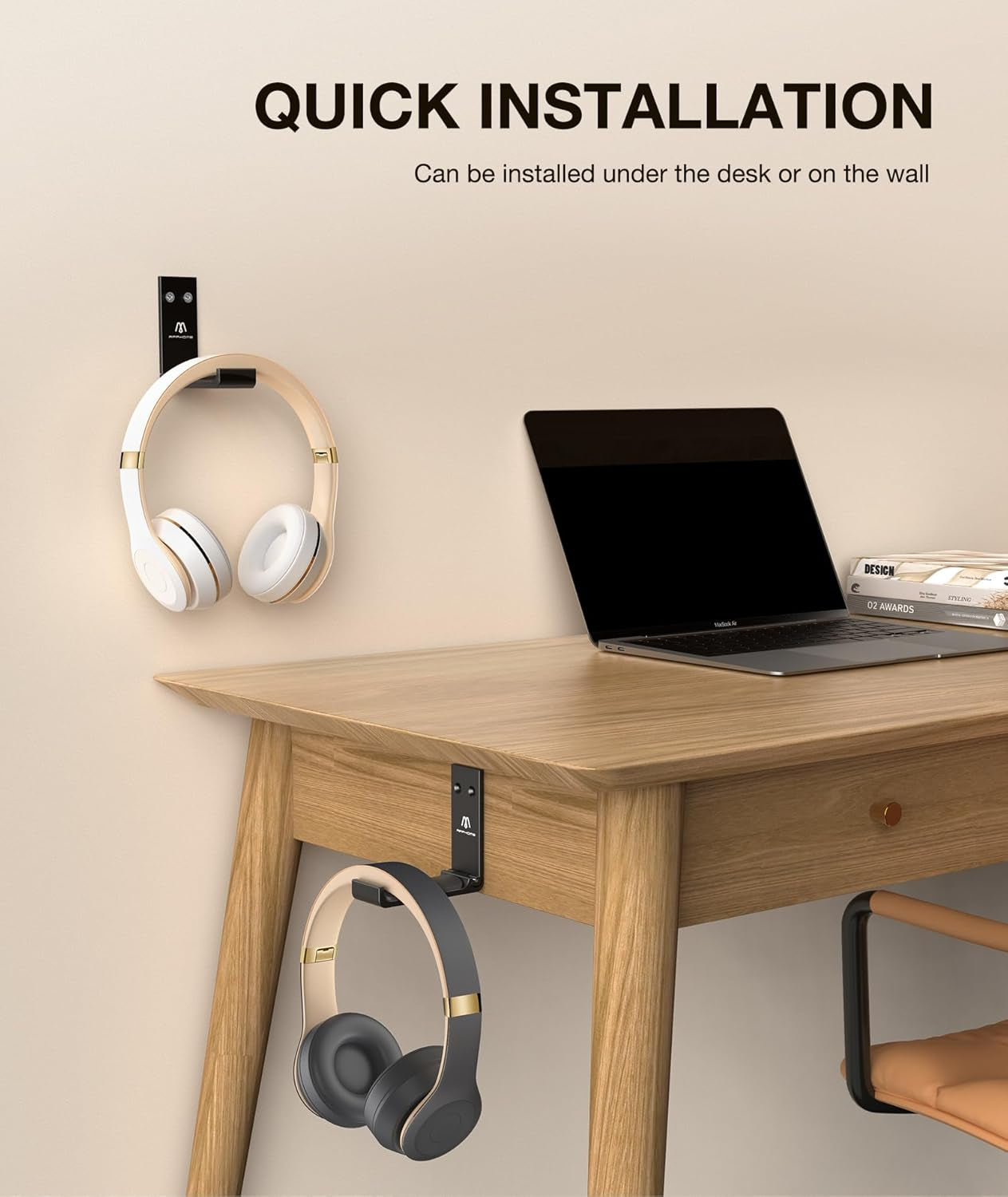 Foldable Headphone Stand & Headset Holder Mount, No-Scratch Silicone Pad Wall Hook for Gaming Headset, Space-Saving under Desk Hanger with Strong Adhesive for PC, Home, and Office, Black