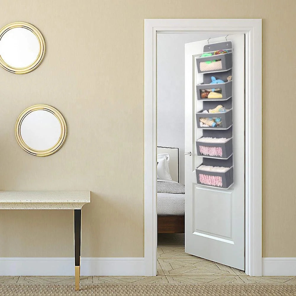 over the Door Pocket Organizer Fabric Hanging Closet Clear Window Storage Bag with Mental Hooks Gray for Pantry Baby Nursery Bathroom Closet Dorm, Gray