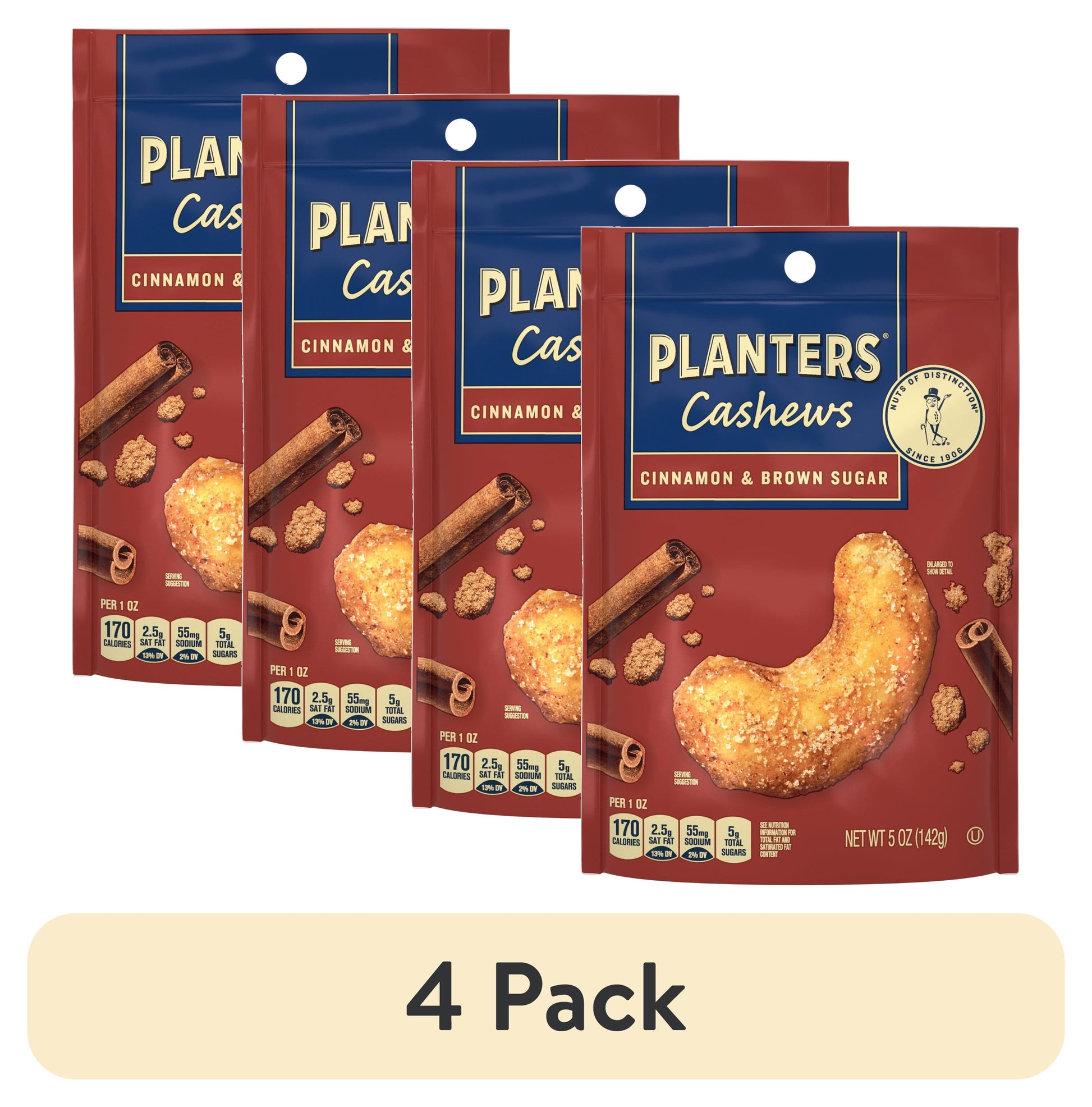 (4 Pack)  Cashews Cinnamon & Brown Sugar, Party Snacks, Plant Based Protein, 5 Oz Bag
