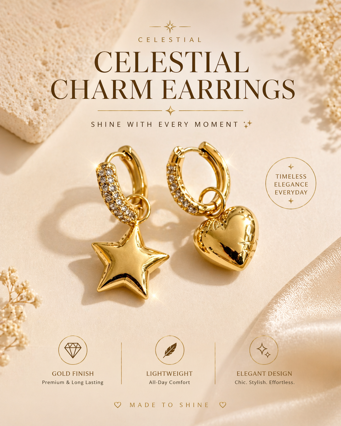 Celestial Charm Gold Hoop Earrings – Star & Heart Drop Design
