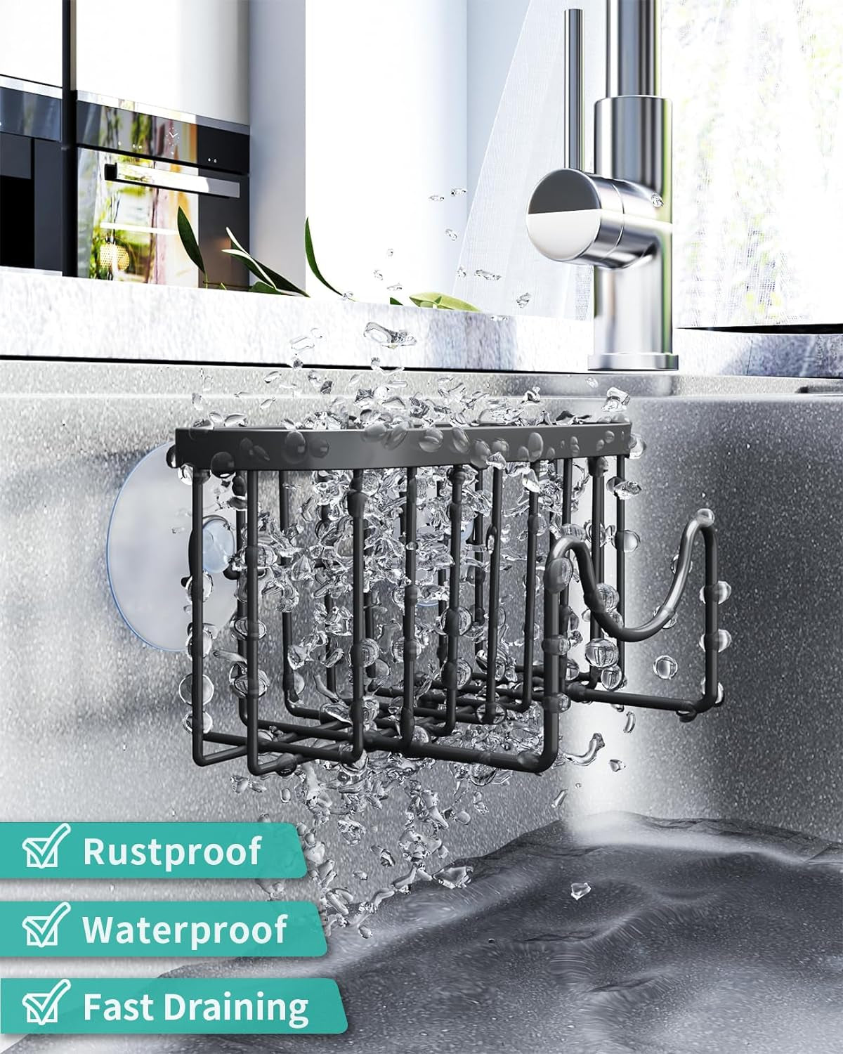 Multifunctional Sponge Holder with Unique M-Shaped, 2 Installation Methods Kitchen Sink Caddy Organizer, Rustproof Stainless Steel Sponge Caddy for Brush, Sink Stopper and Scraper -Black