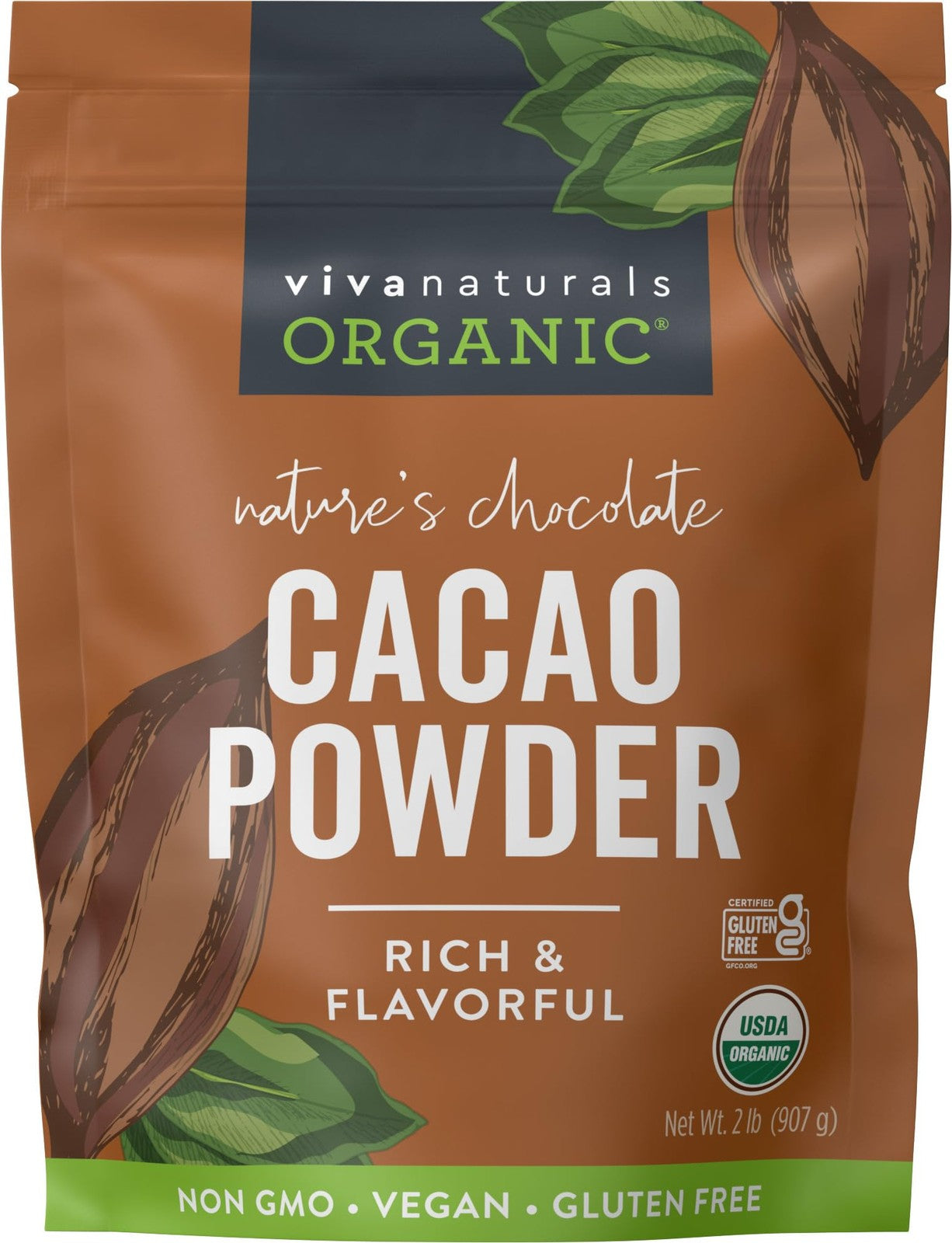 Viva Naturals Organic Cacao Powder, 2Lb - Unsweetened Cocoa Powder Wit