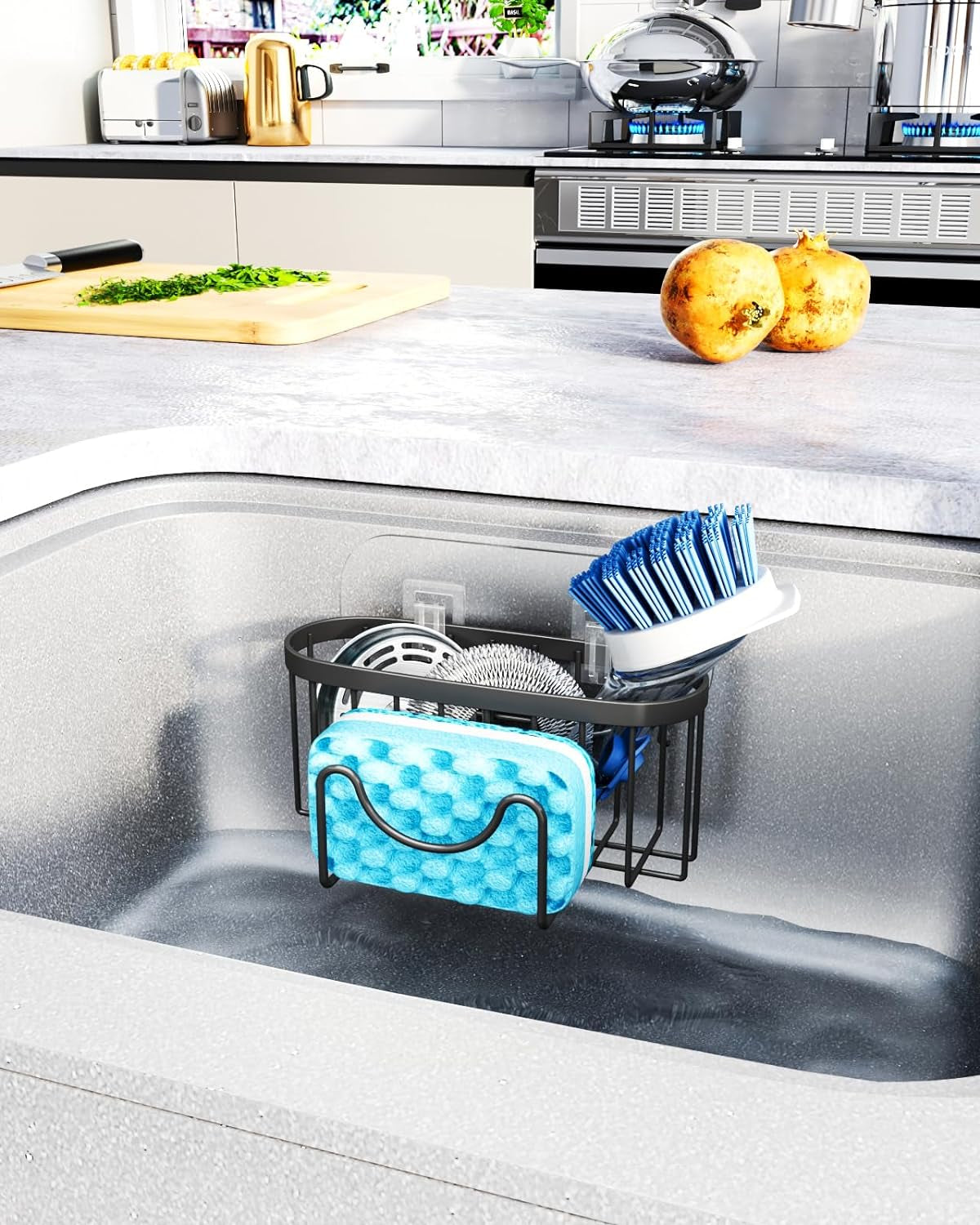 Multifunctional Sponge Holder with Unique M-Shaped, 2 Installation Methods Kitchen Sink Caddy Organizer, Rustproof Stainless Steel Sponge Caddy for Brush, Sink Stopper and Scraper -Black