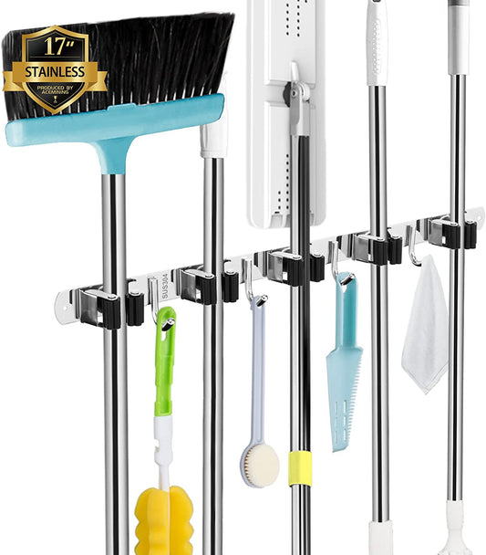 5 Racks and 4 Hooks Mop and Broom Holder Wall Mount, Broom Organizer Storage Tool Racks Stainless Steel Heavy Duty Hooks Self Adhesive Solid Non-Slip for Home Kitchen Garden Laundry Garage
