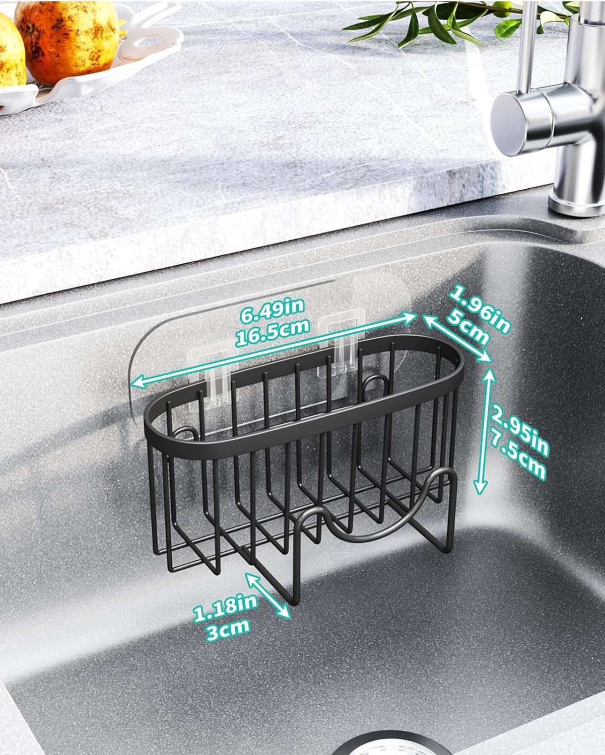 Multifunctional Sponge Holder with Unique M-Shaped, 2 Installation Methods Kitchen Sink Caddy Organizer, Rustproof Stainless Steel Sponge Caddy for Brush, Sink Stopper and Scraper -Black